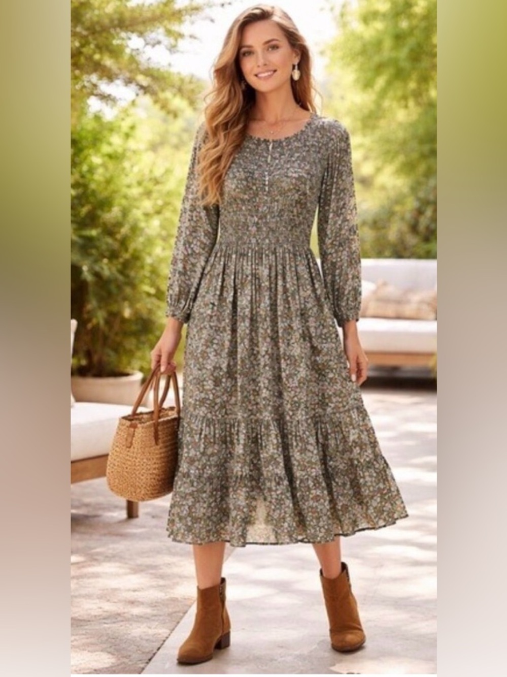 Old Navy Green Floral Midi Dress with Pink and Yellow Accents